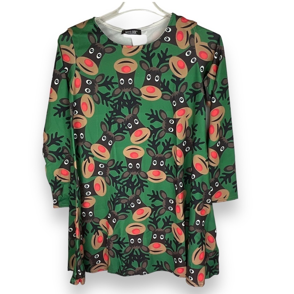 Misslook Dress Christmas Holiday Reindeer Rudolph Green‎ Brown Cute Size Medium